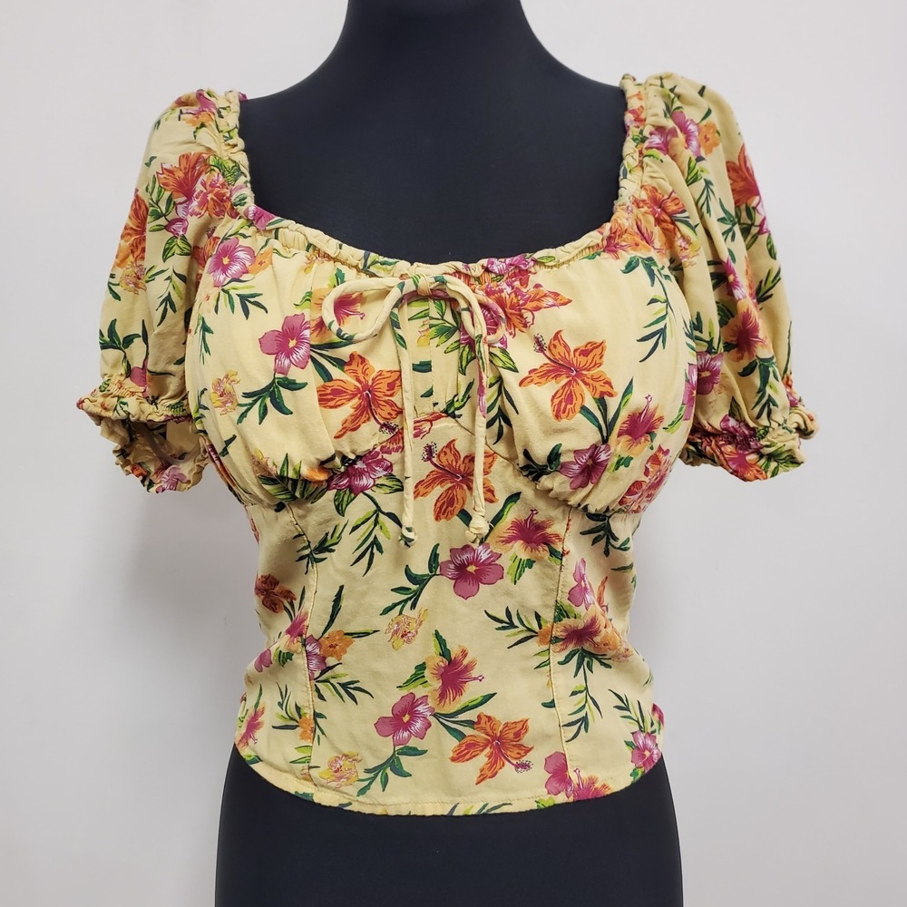 No‎ Boundaries Juniors Y2K Hawaiian Babydoll Milkmaid Top Size M Yellow Coquette